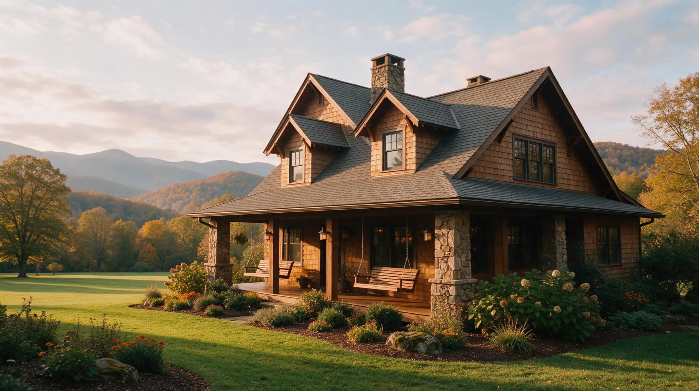 A shingled craftsman house with a stone-pier porch and swing at evening before layered ridges.