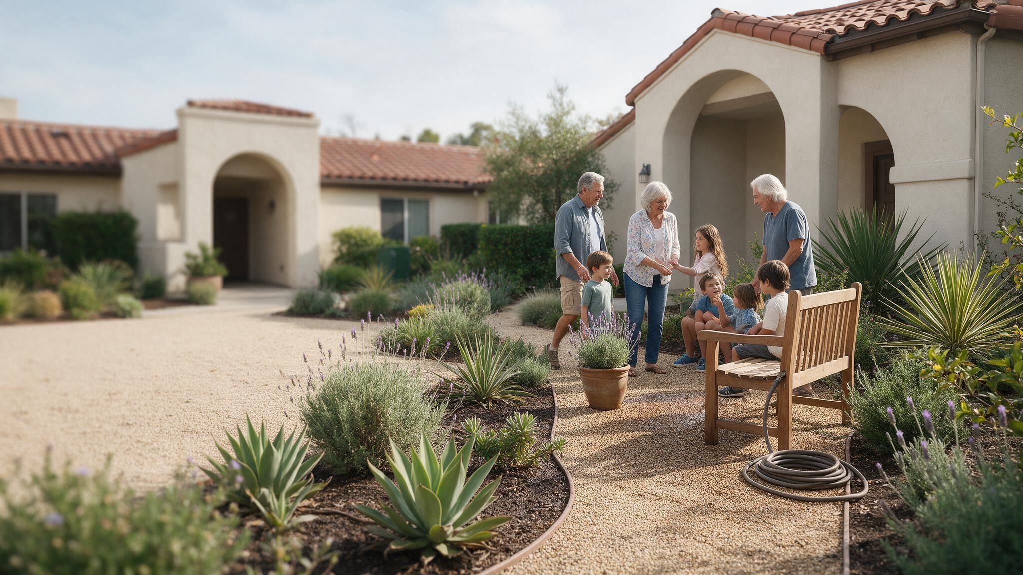 Spanish-style home with cream stucco walls and arched entryways surrounded by desert landscaping in bright daylight.