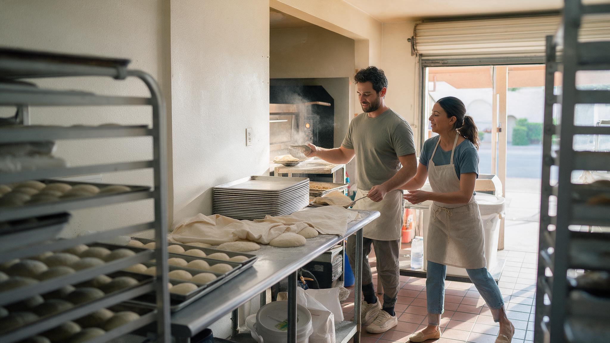 Workers prepare bread dough in a bright bakery kitchen with an active oven.