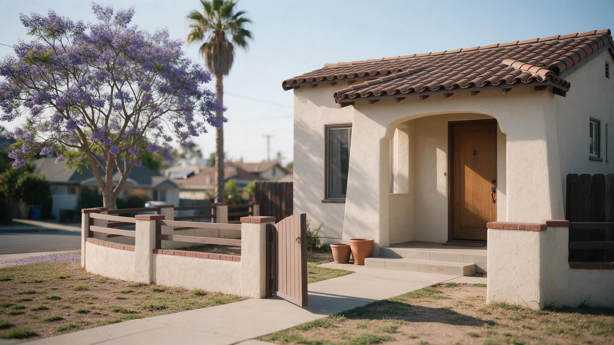 Spanish-style home with white stucco walls and terra cotta roof under bright afternoon sunlight, purple flowering tree in.