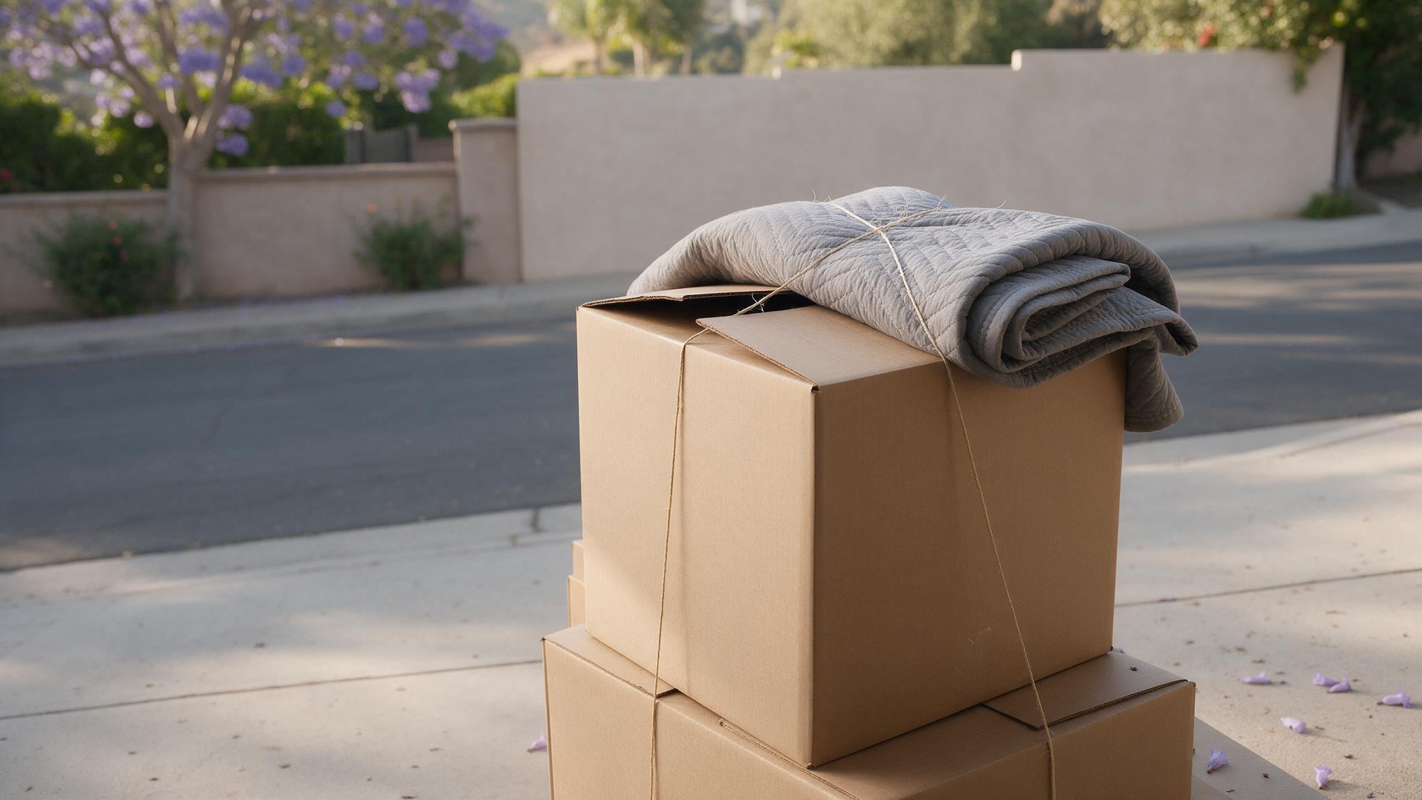 Stacked cardboard moving boxes with a blanket on a driveway in bright sunlight.