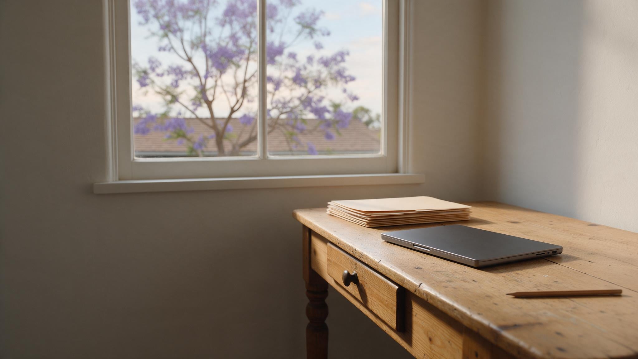 Wooden desk with papers and tablet in bright sunlight from window overlooking purple flowering tree.