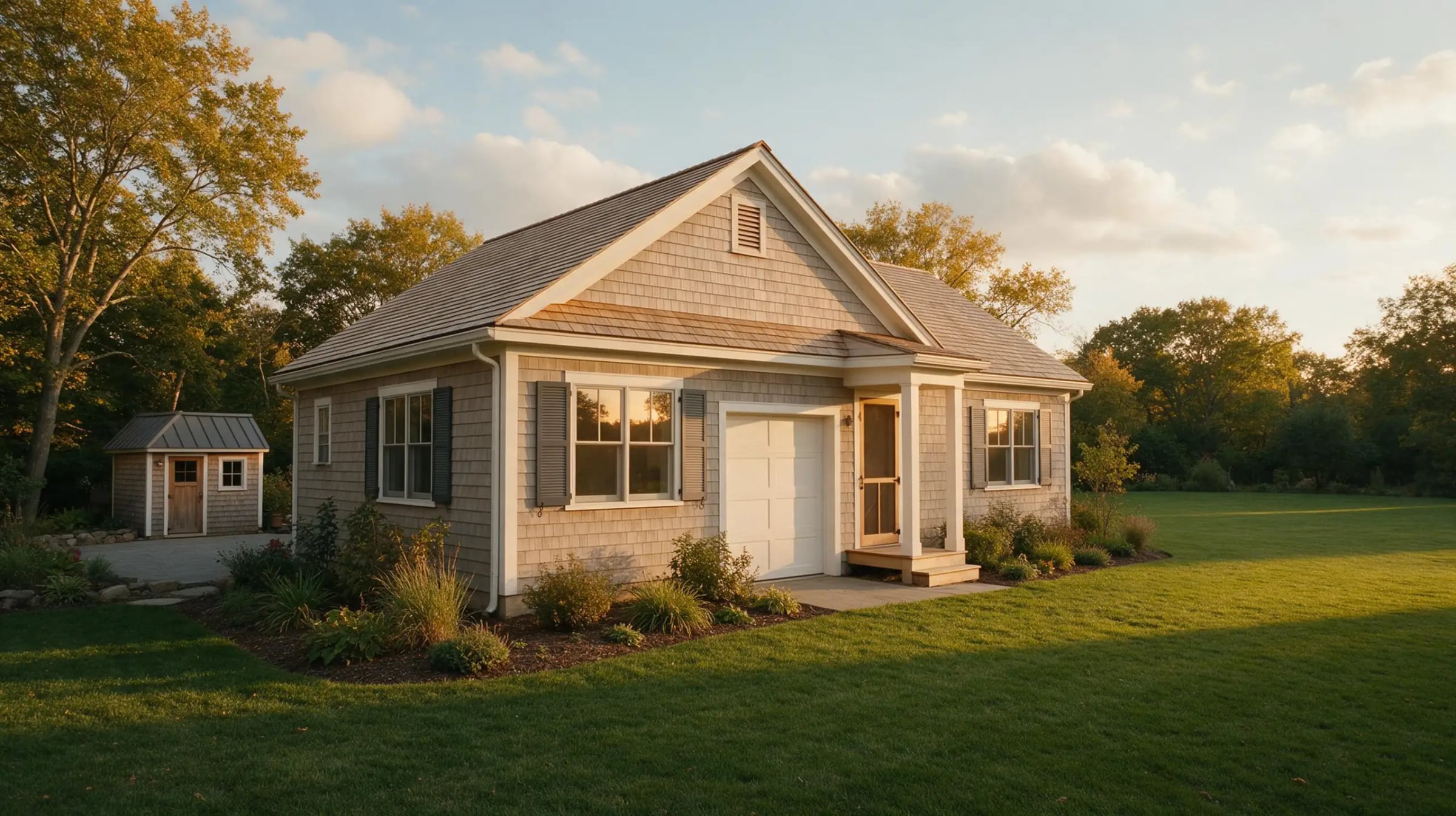 A shingled home with a garage and a small detached workshop on a lawn at golden hour.