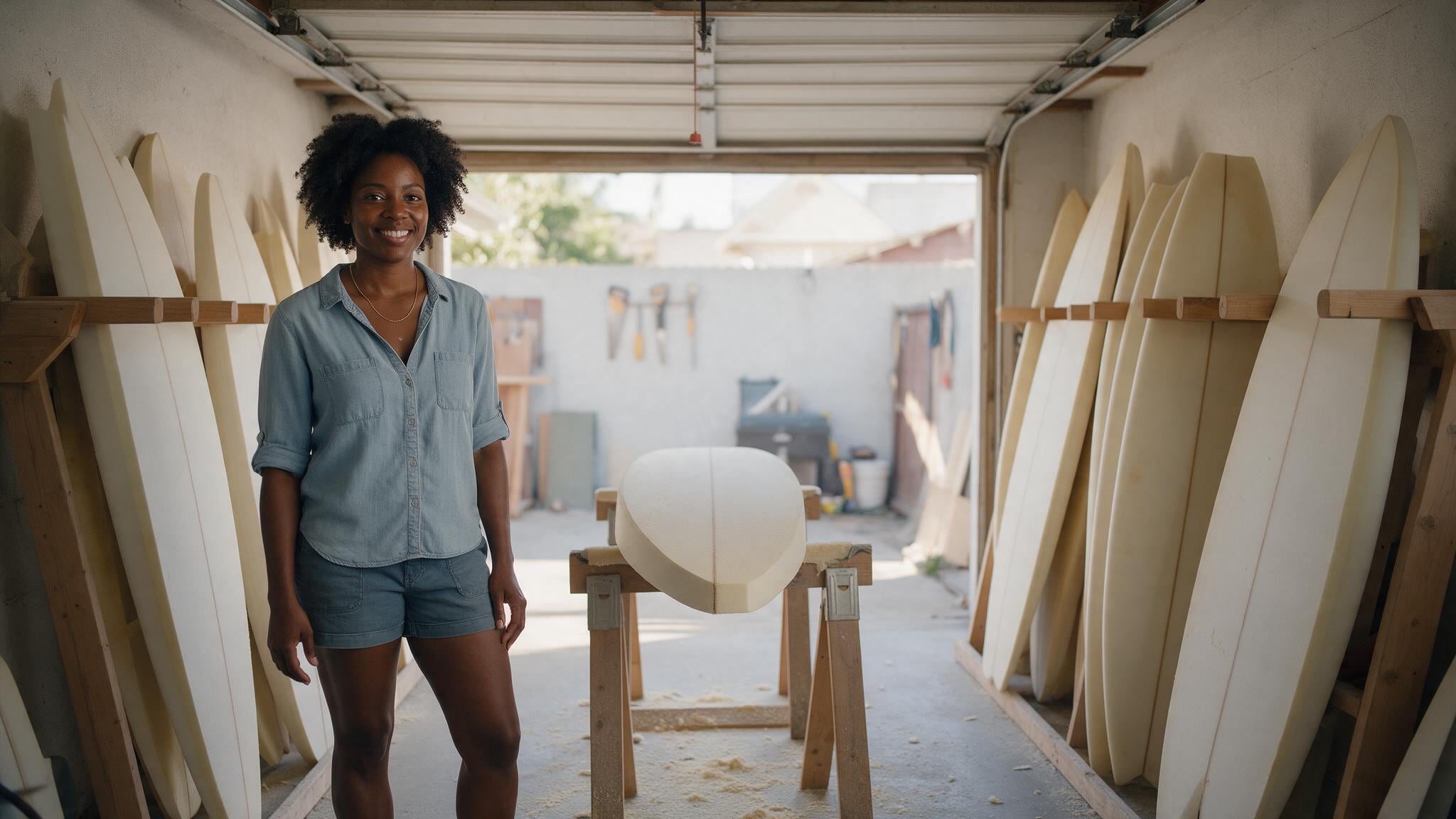 Surfboards lean against walls inside a bright garage workshop with an open door.