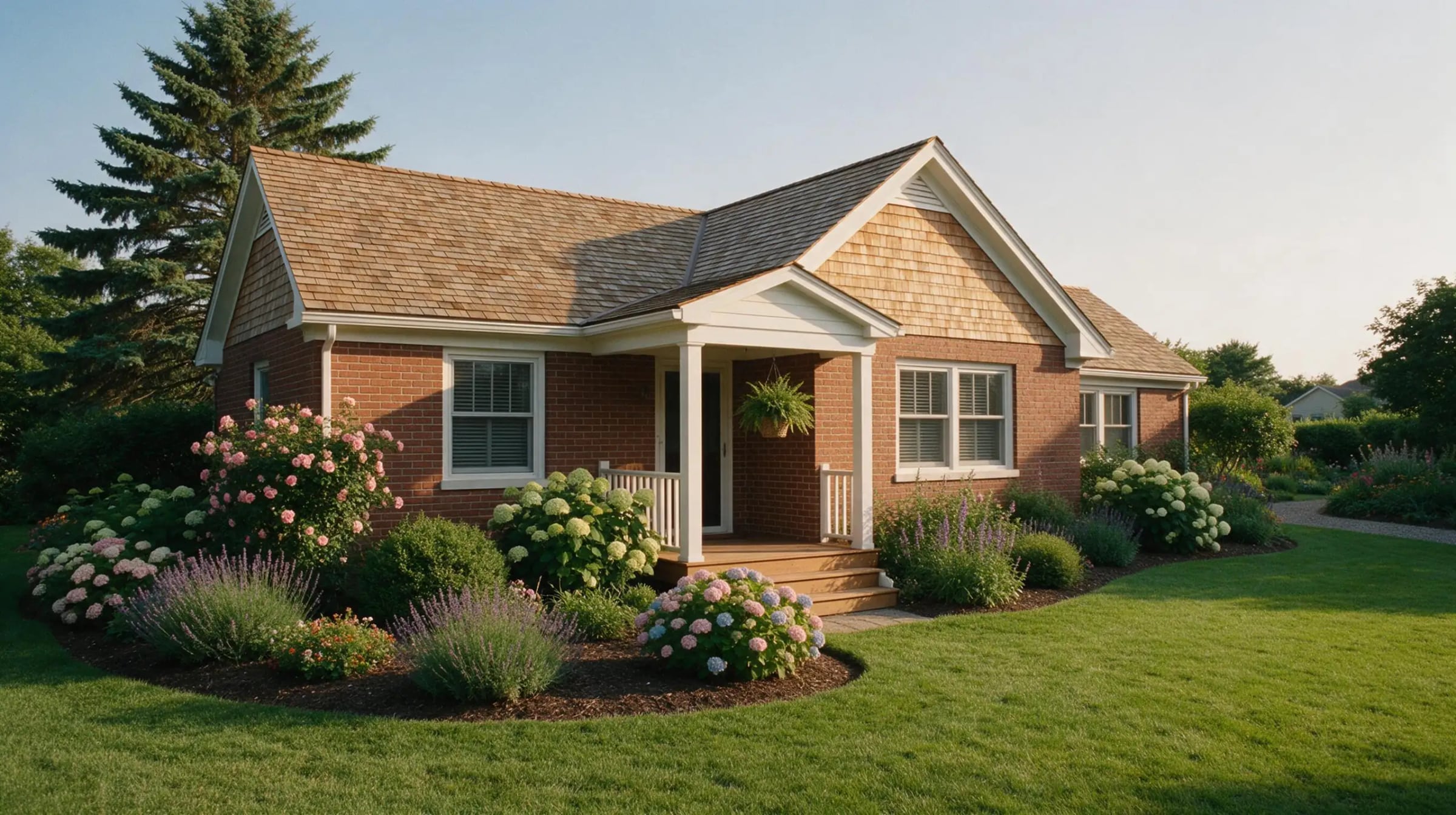 A brick ranch home with a small porch and beds of hydrangea and lavender in warm evening light.