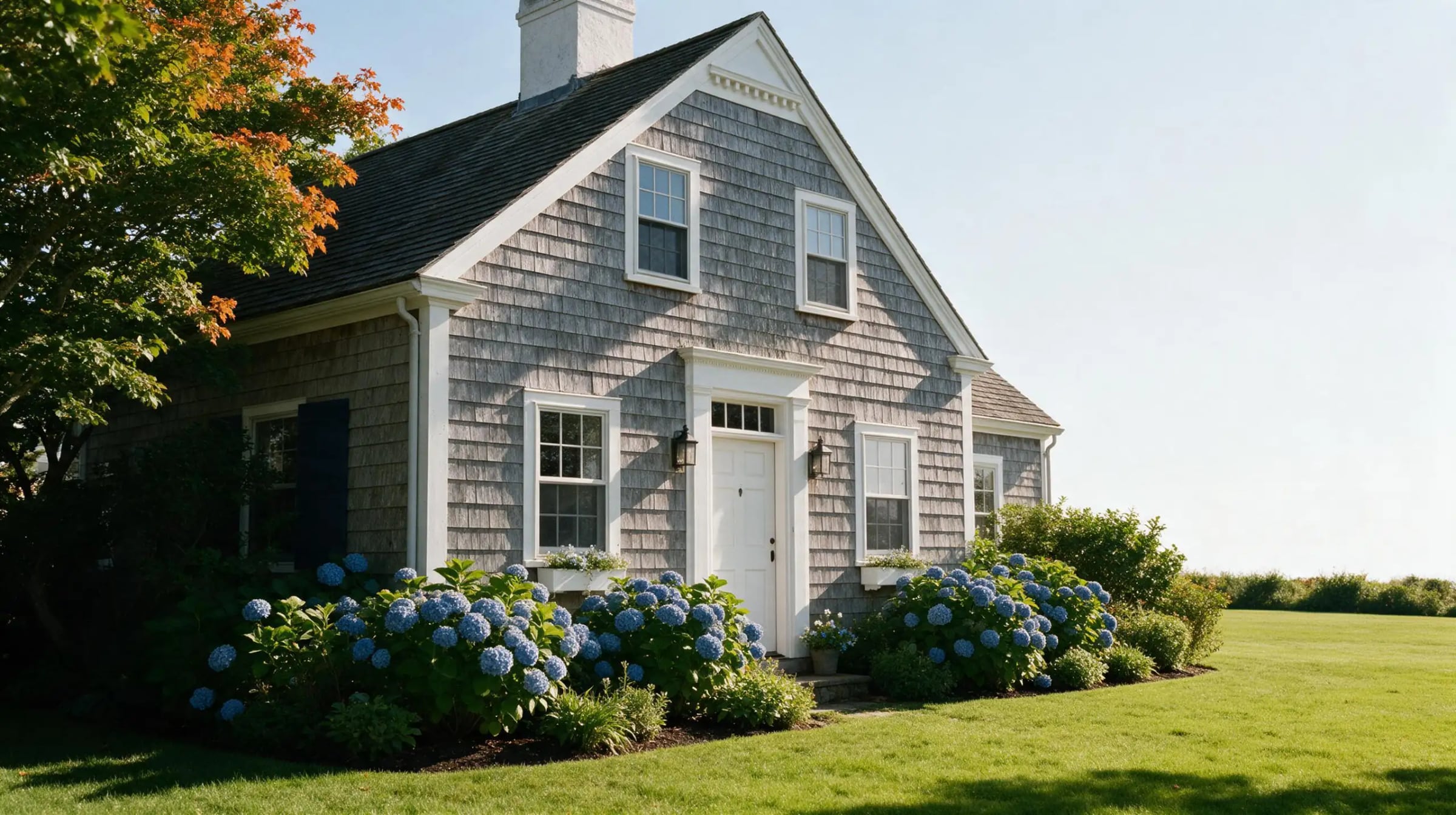 A weathered gray-shingled Cape Cod cottage with white trim and a paneled front door, blue hydrangeas along the foundation and a maple in low morning sun.
