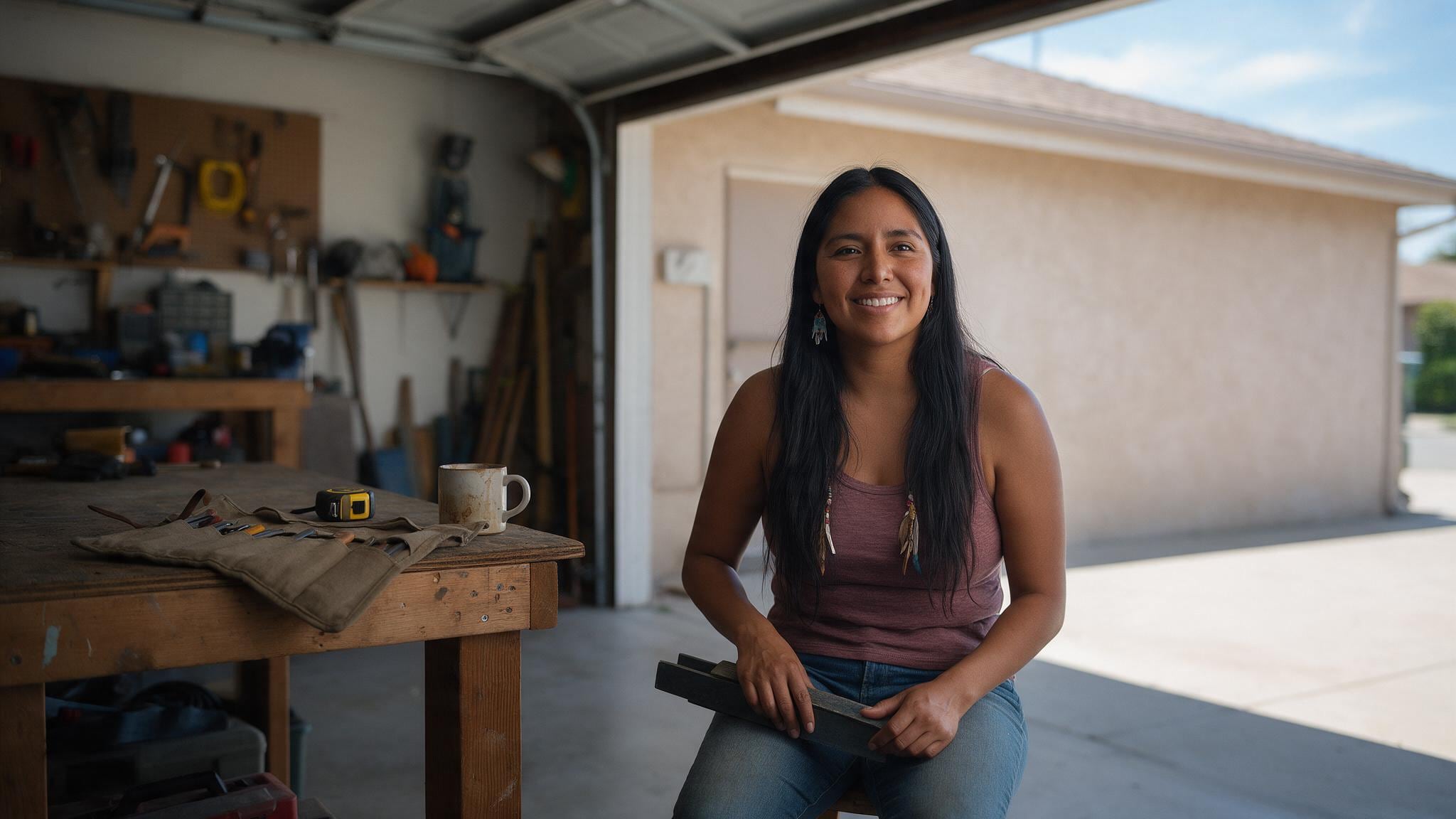 Homeowner sits in a bright garage workshop with tools and a workbench, looking toward the camera.