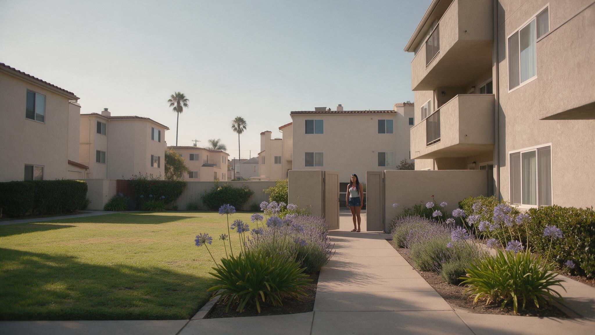 Residential apartment complex with landscaped courtyard and palm trees in bright sunlight.