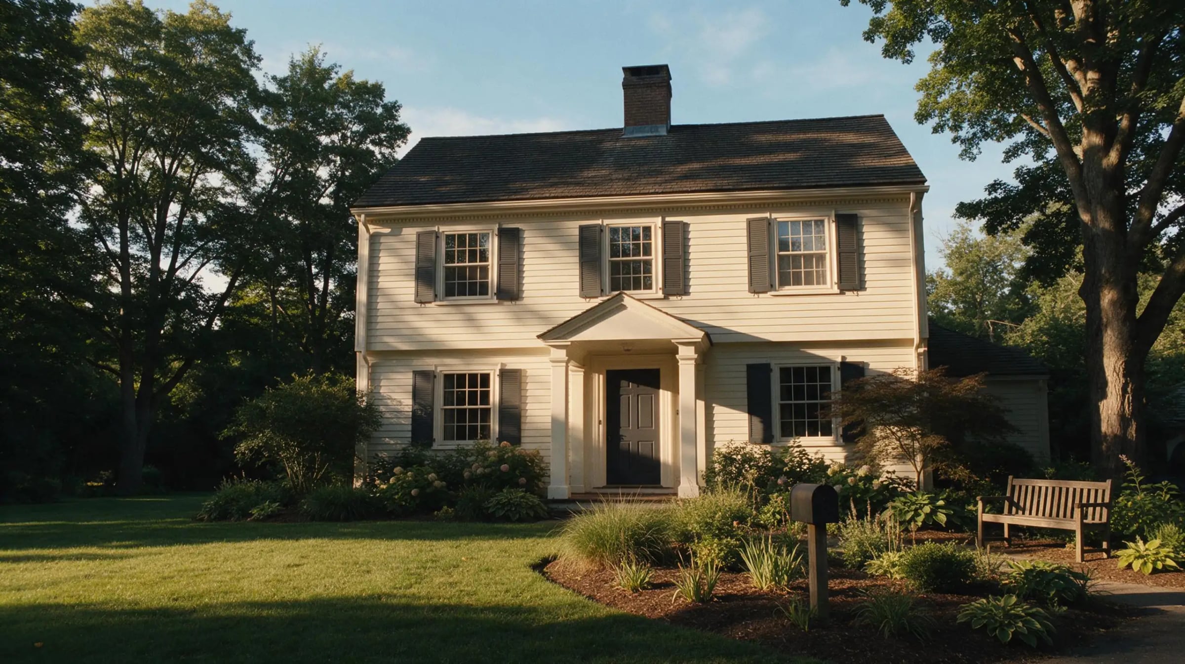 A cream two-storey colonial with dark shutters and a pedimented door among tall trees at golden hour.