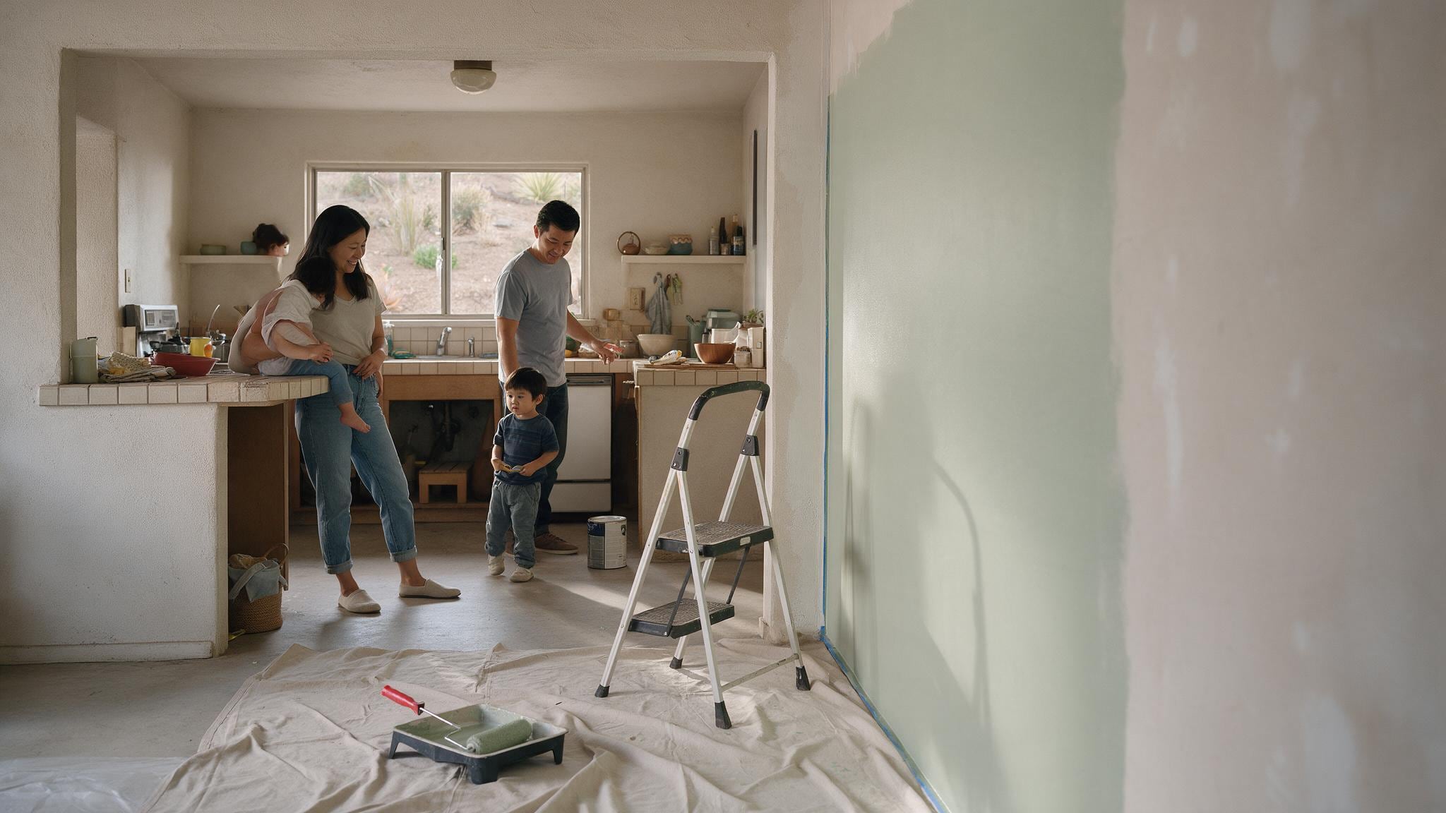 Kitchen renovation in progress with family present, bright natural light from windows.