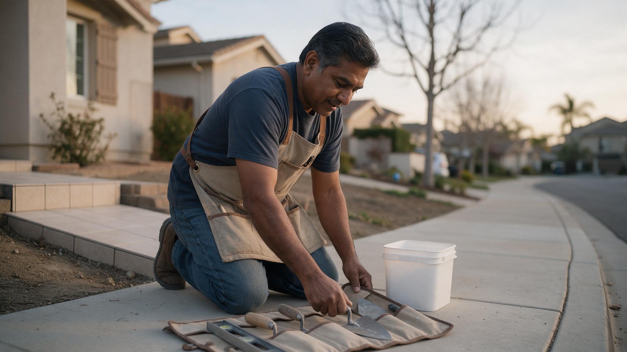Worker organizing tools on a driveway in front of suburban homes during daytime.