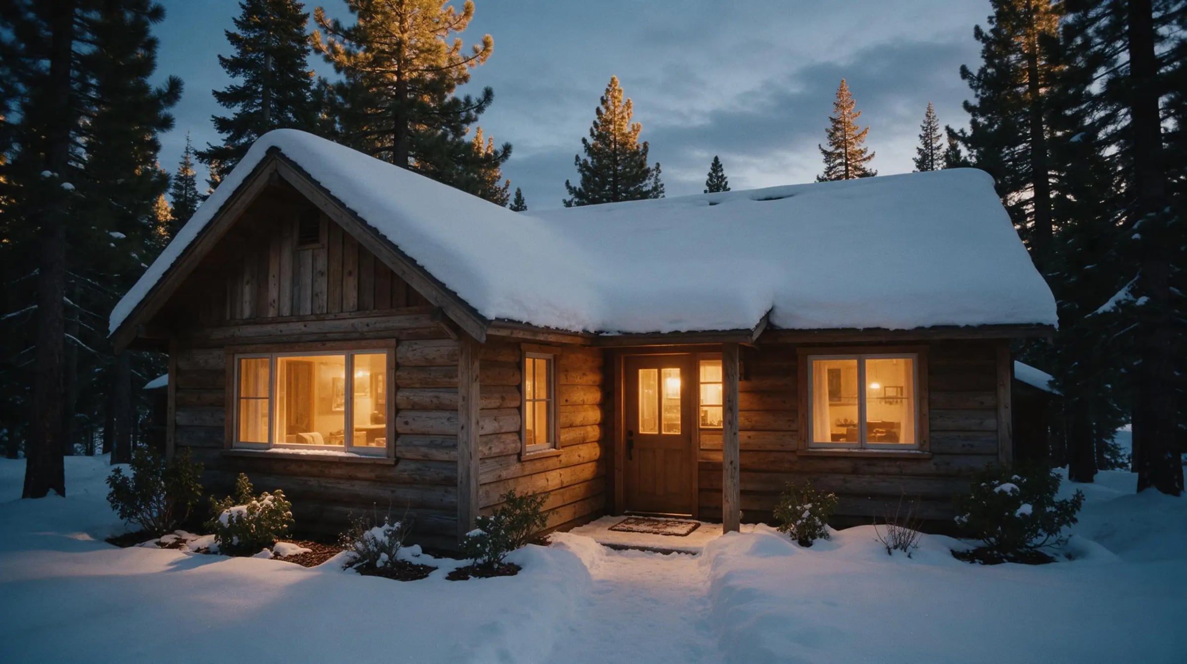 A snow-covered log cabin among tall pines at dusk, its windows and half-glass front door glowing warm against deep snow.