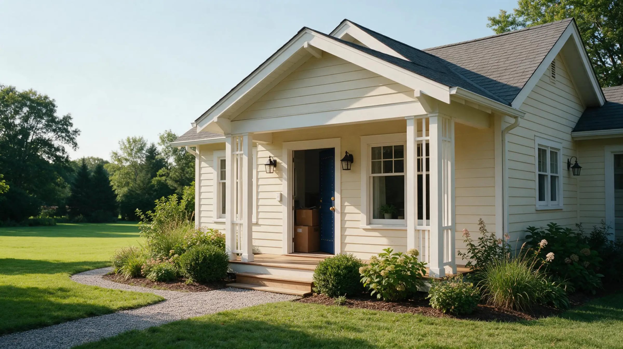 A cream cottage with an open navy door and boxes visible inside, a gravel path and lawn.