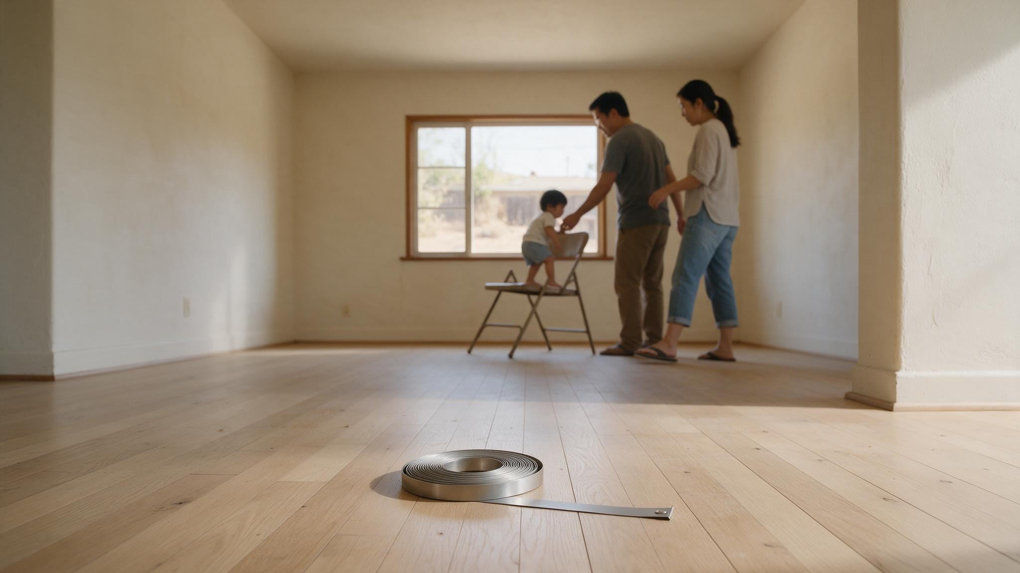 Measuring tape lies on wooden flooring in an empty room where people inspect a vacant home.