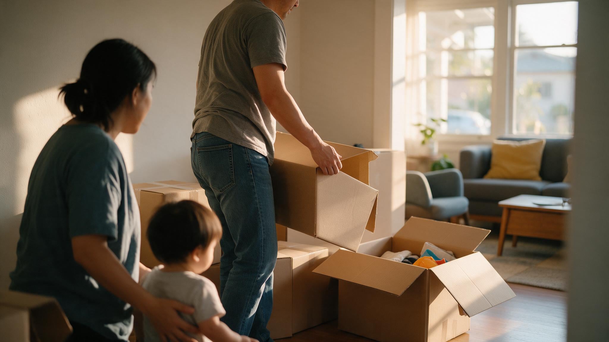 People packing moving boxes in a bright living room with windows and a couch.