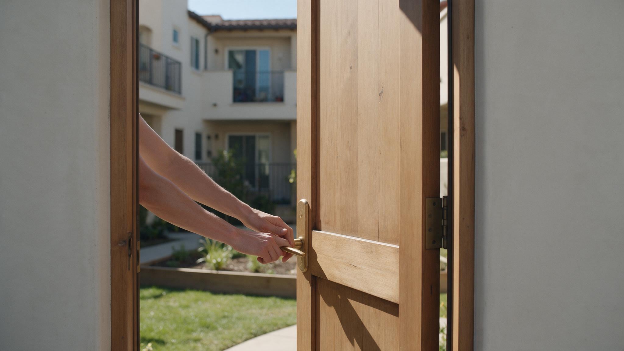 Hand opening a wooden door to view neighboring residential buildings in bright daylight.