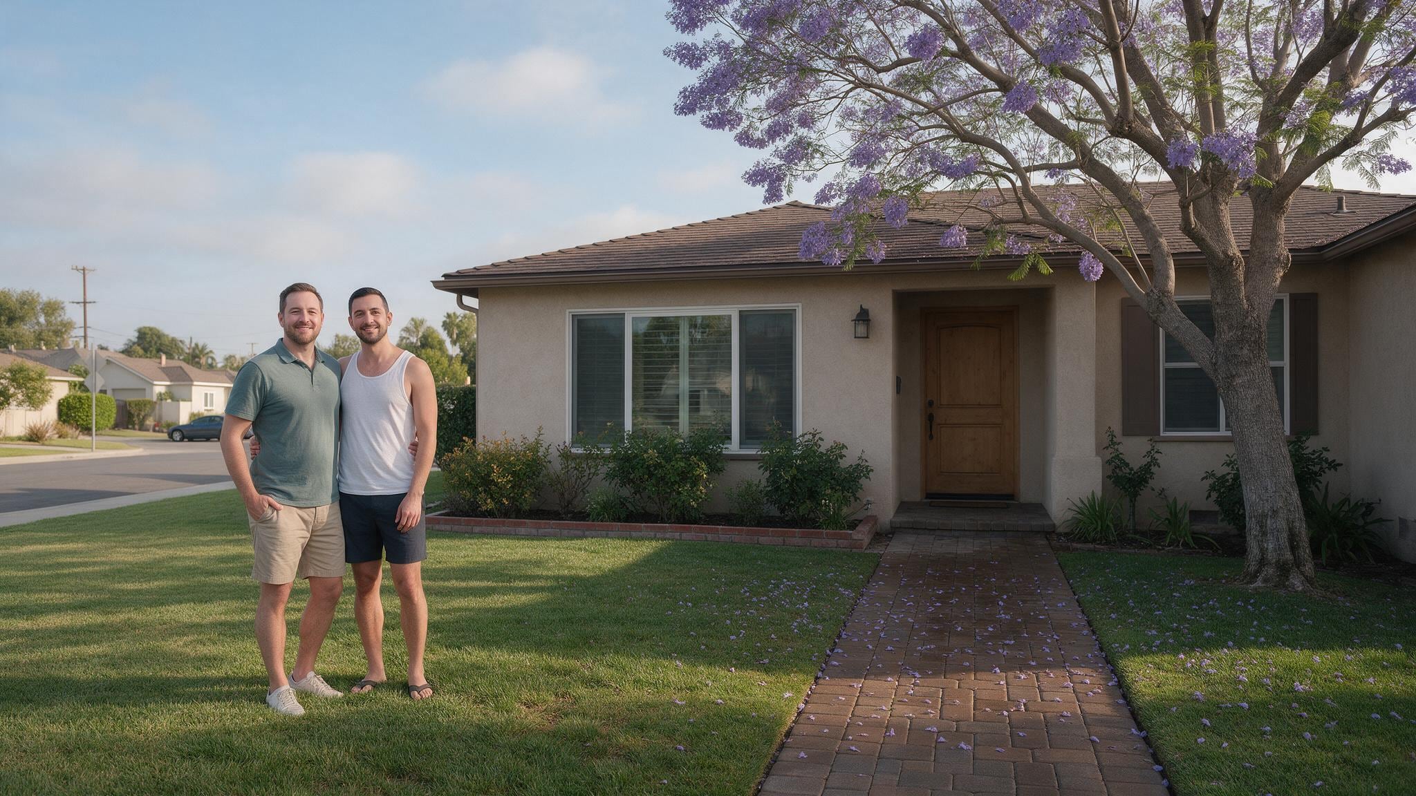 Two people stand on the lawn in front of a single-story house with purple flowering trees in bright daylight.