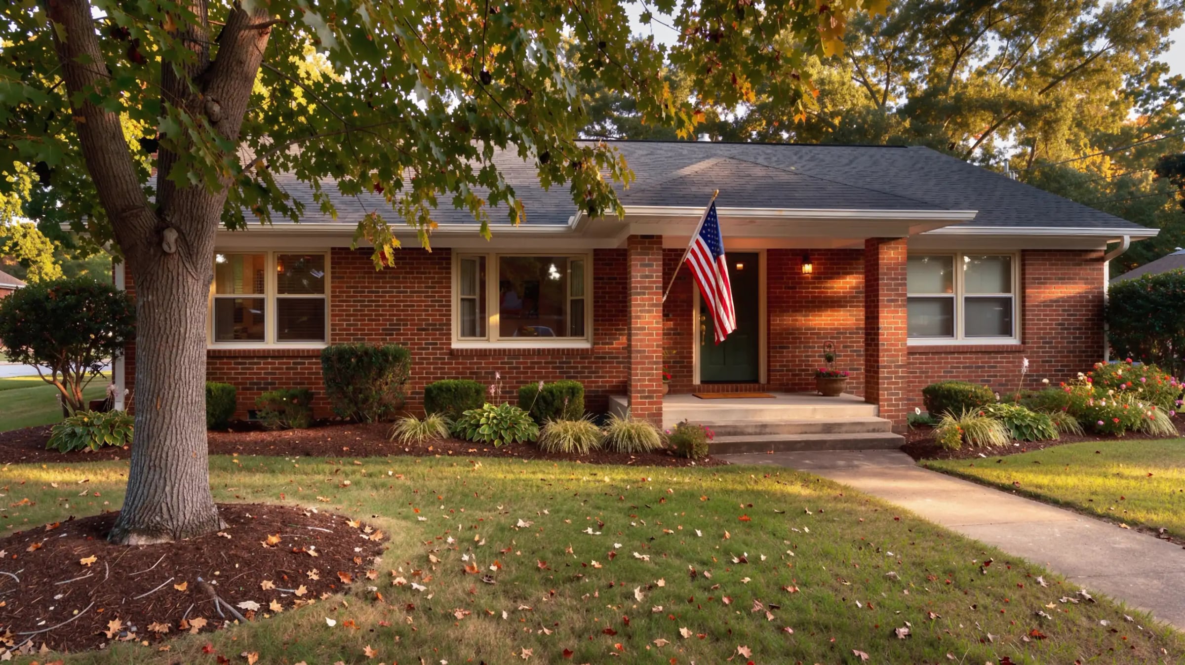 A red-brick ranch house with an American flag by the front door, a large shade tree and fallen leaves on the lawn in late-afternoon light.