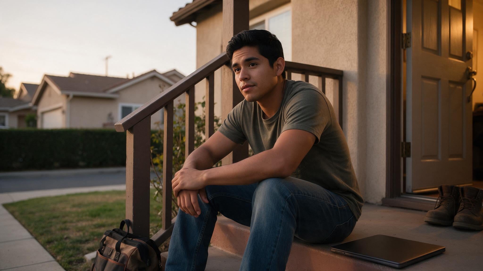 Someone sits on a porch railing with suburban houses in warm evening light.