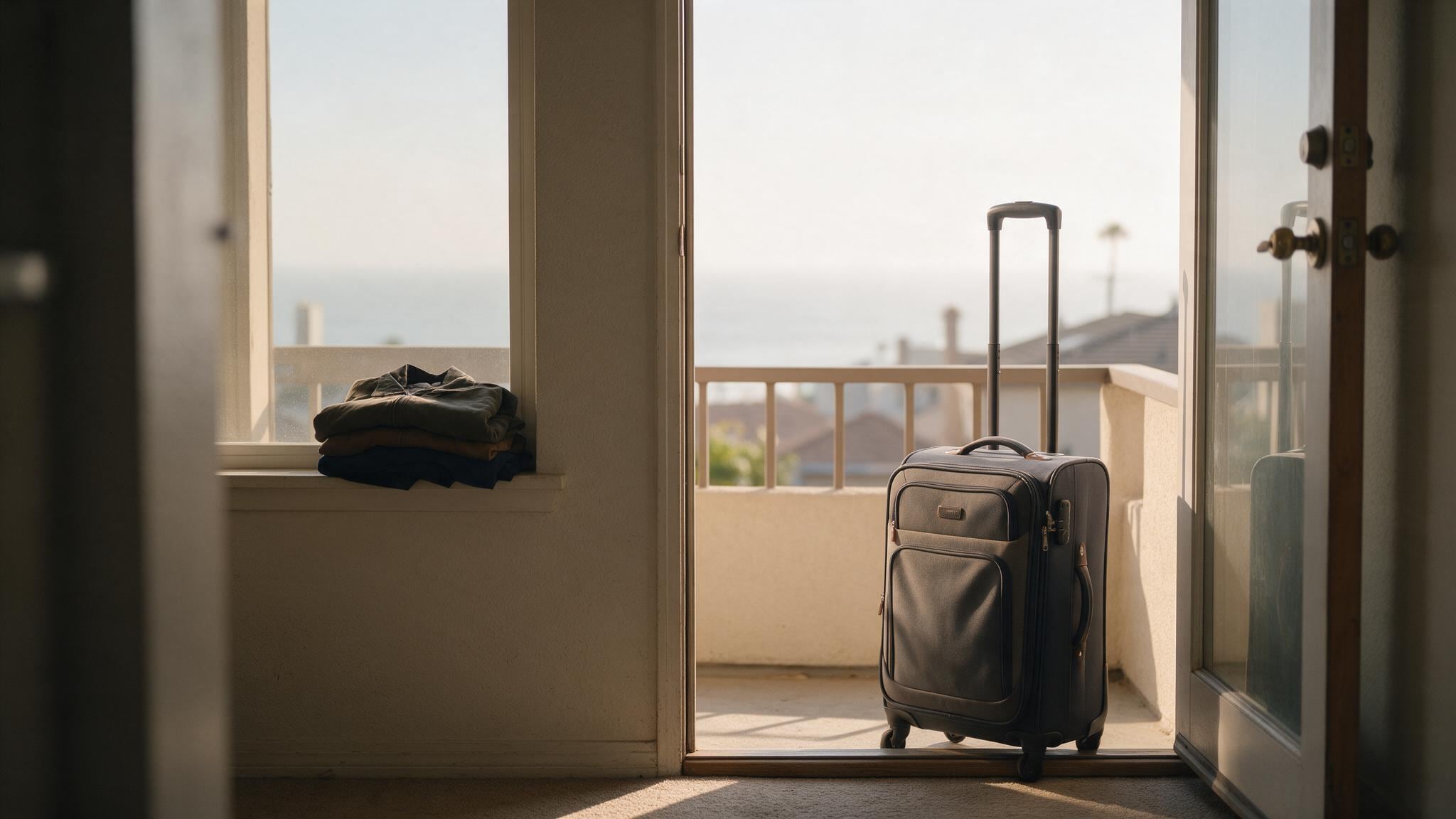 Luggage and clothing sit in bright sunlight near glass doors opening onto a coastal balcony view.