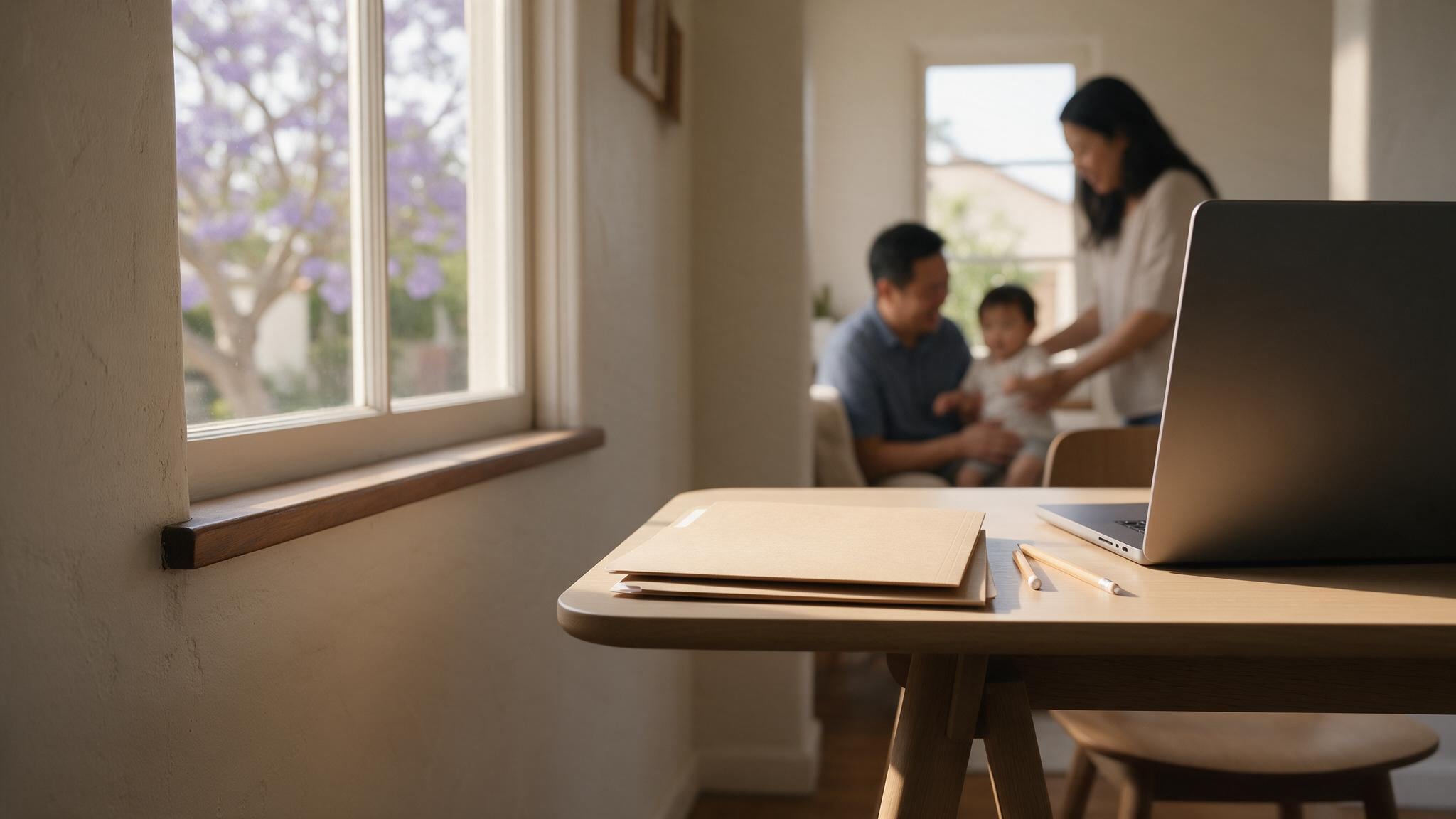 Laptop and papers on a desk by a sunlit window, with a family visible in the background of a bright home interior.
