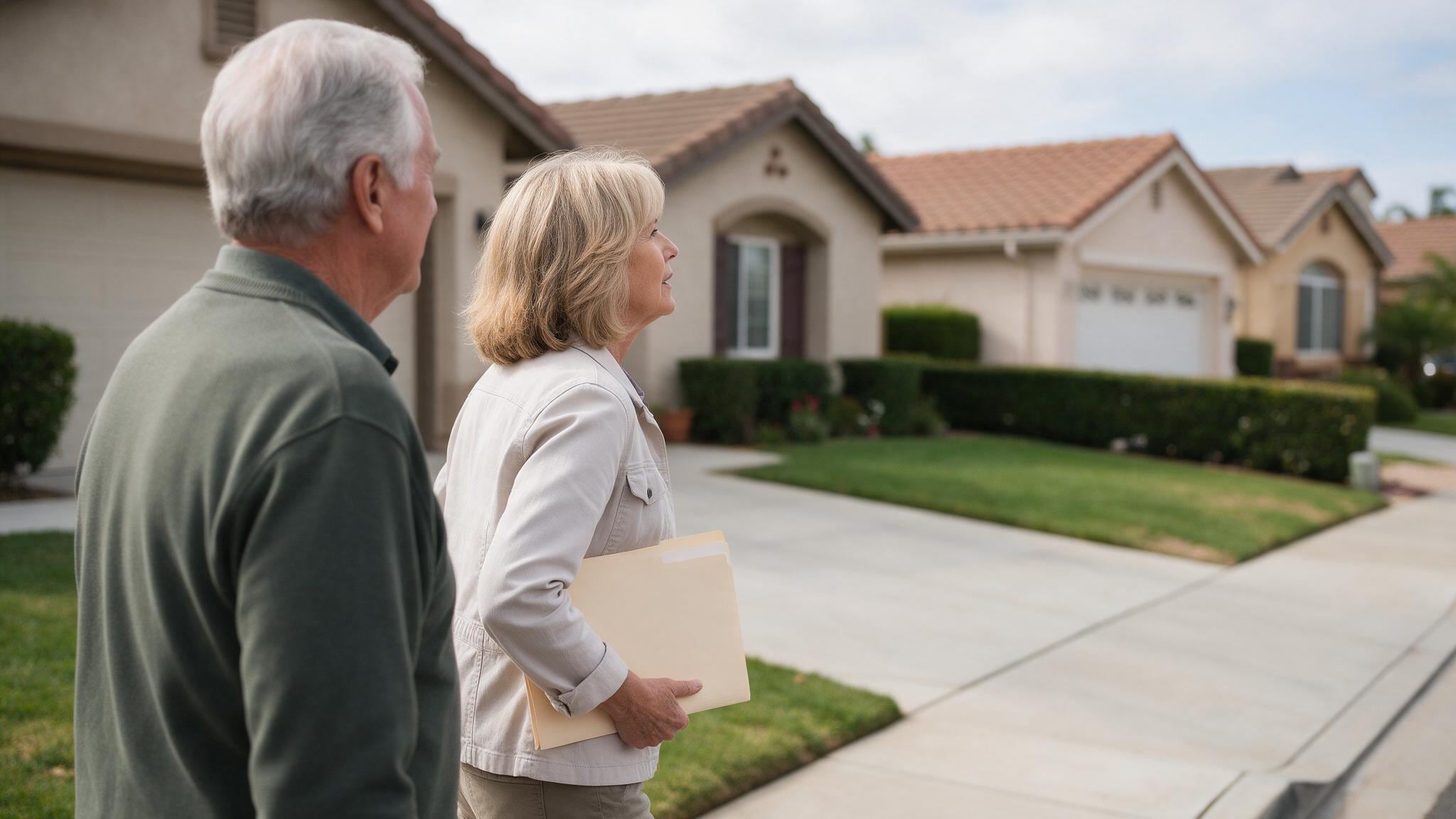 Two people stand on a driveway viewing residential homes in daylight.
