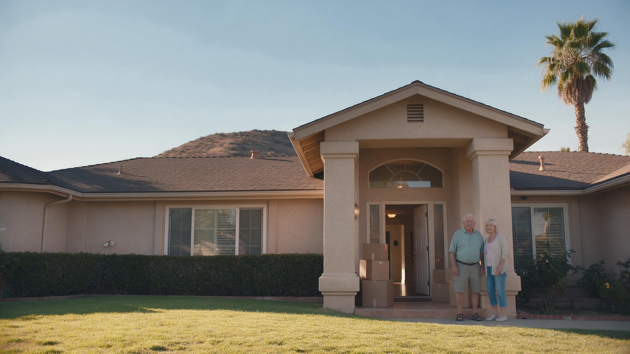Tan stucco house with arched entry and manicured lawn in afternoon sunlight.