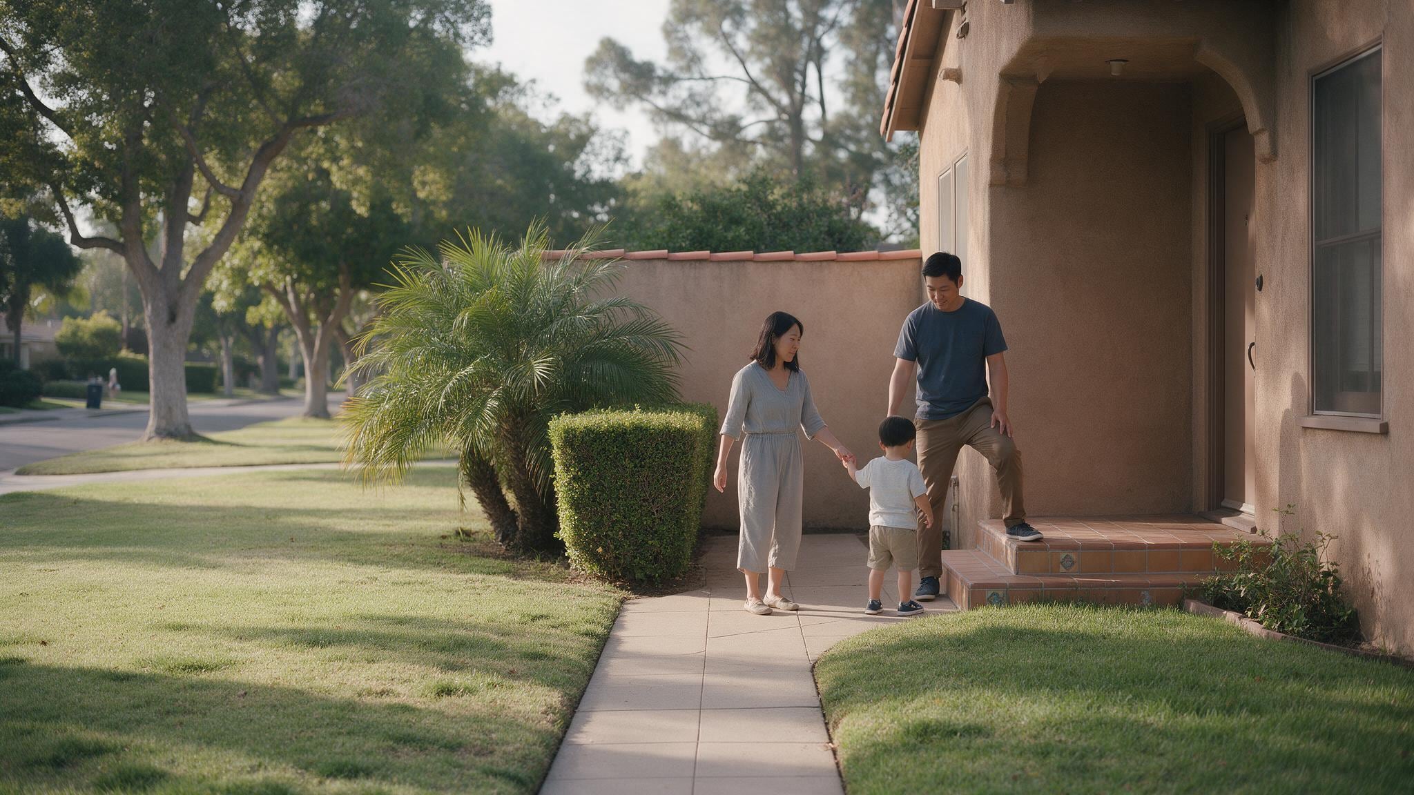 A family walks along a pathway toward a stucco house with landscaped yard and mature trees in afternoon sunlight.