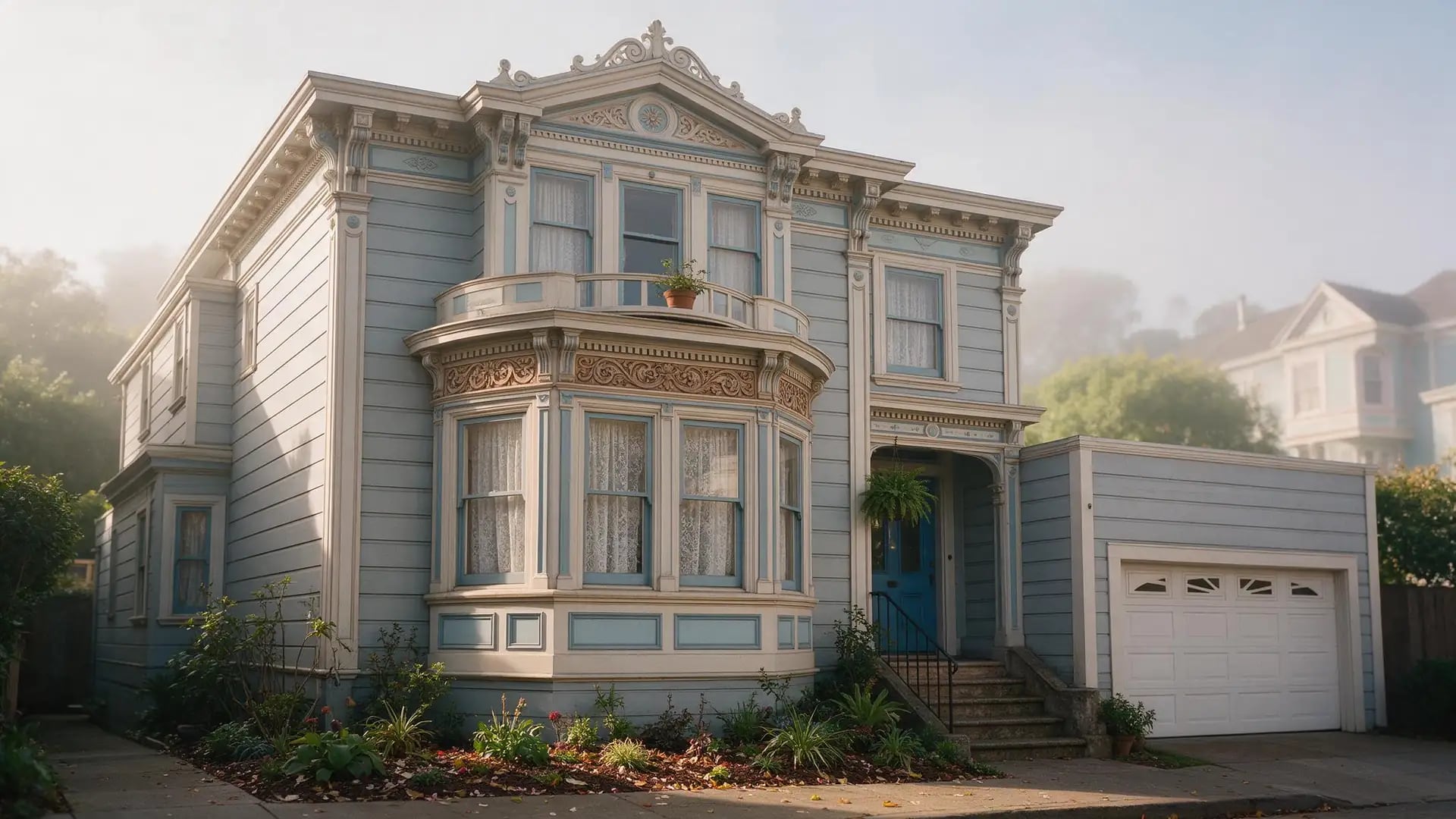 A pale blue San Francisco Victorian with a bay window and carved trim in soft fog.