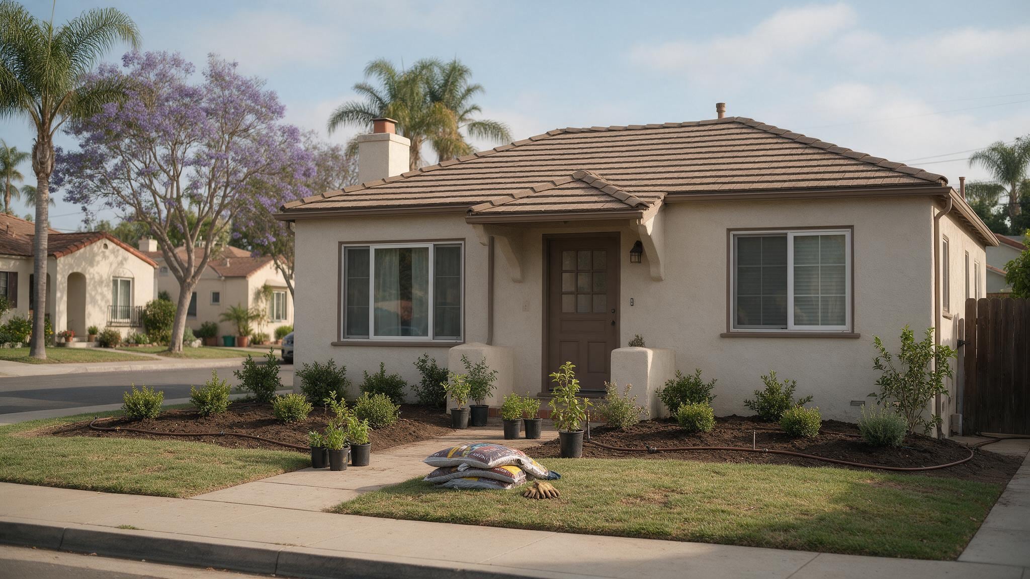 Single-story suburban home with stucco exterior and tile roof in bright daylight.