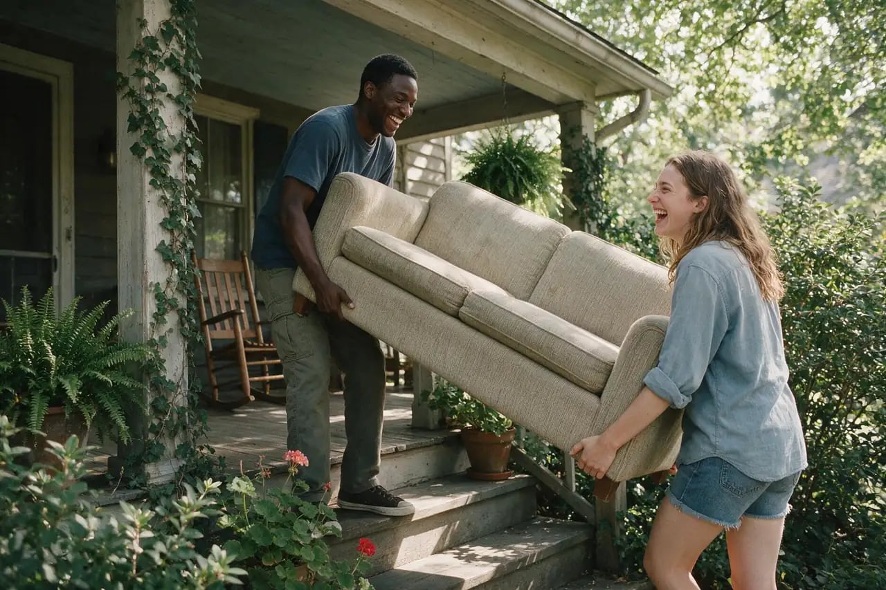Two people laughing as they carry a sofa down porch steps in afternoon sun.