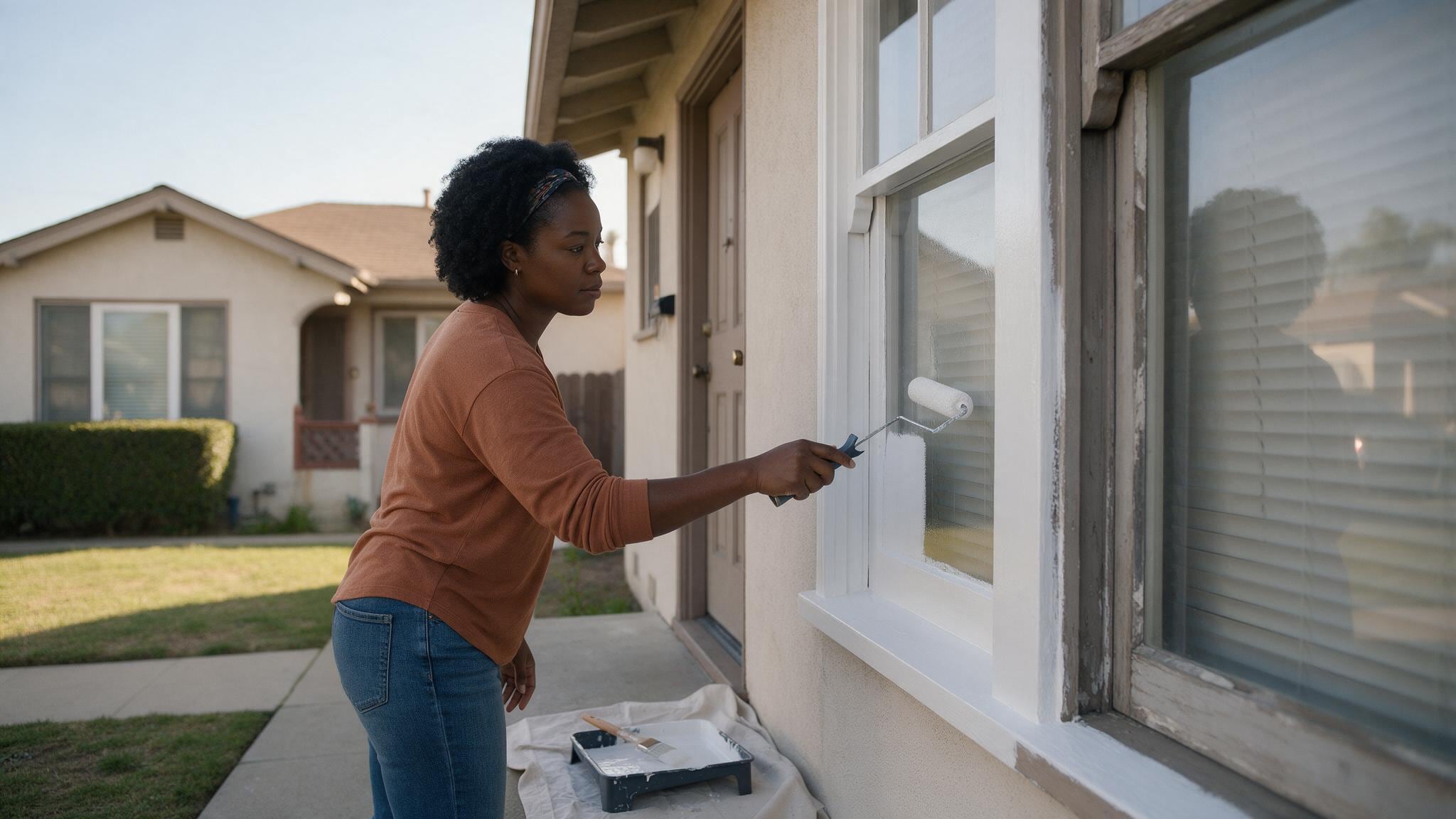 Someone paints the exterior trim of a residential house in daylight.
