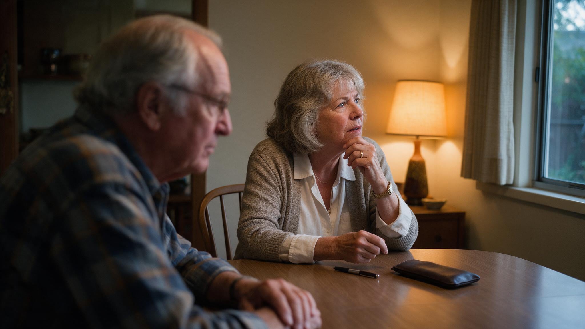 Two people sit at a table in a warmly lit room during an evening conversation.