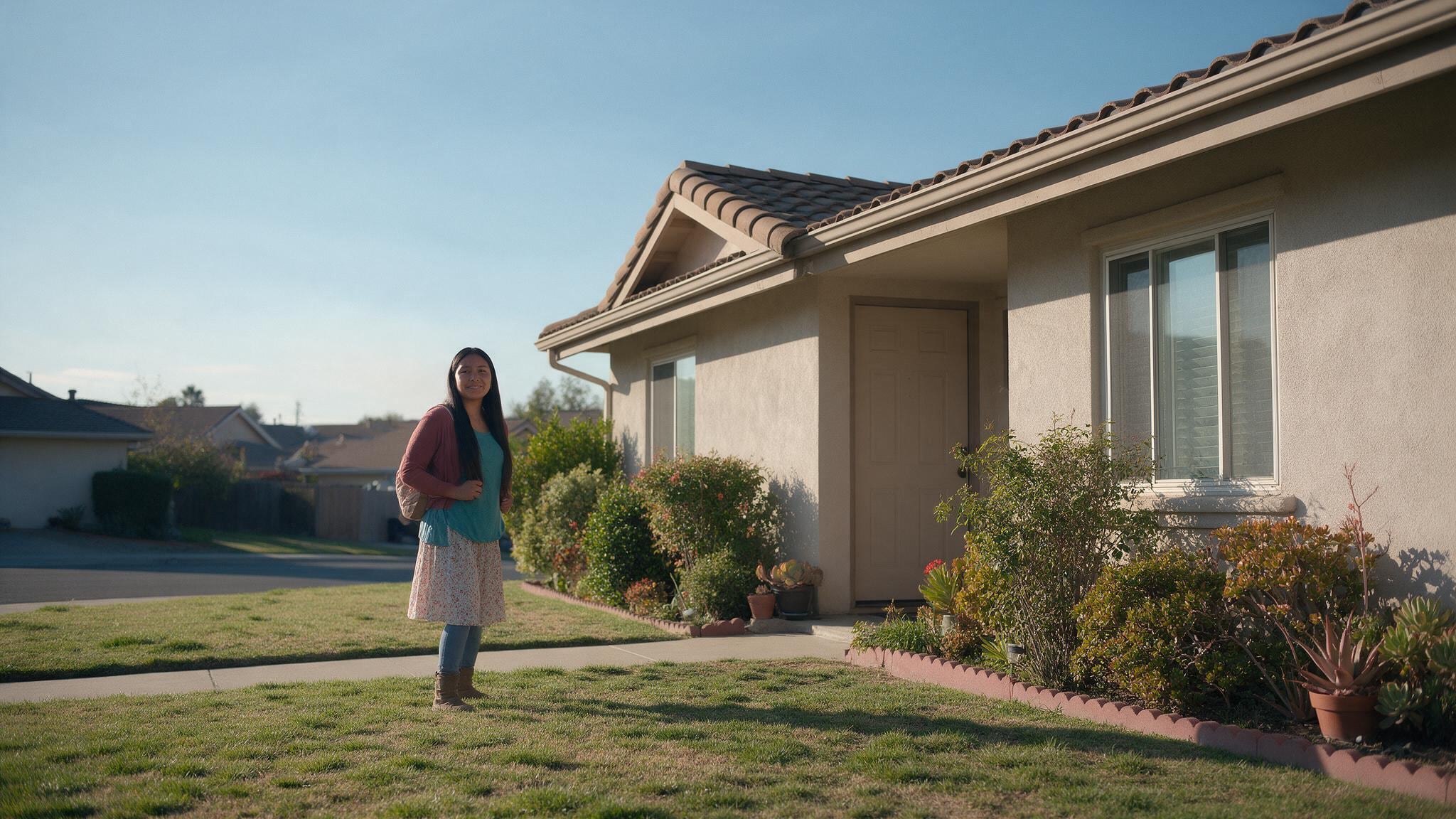 Single-story beige house with tile roof and landscaped front yard in bright daylight.