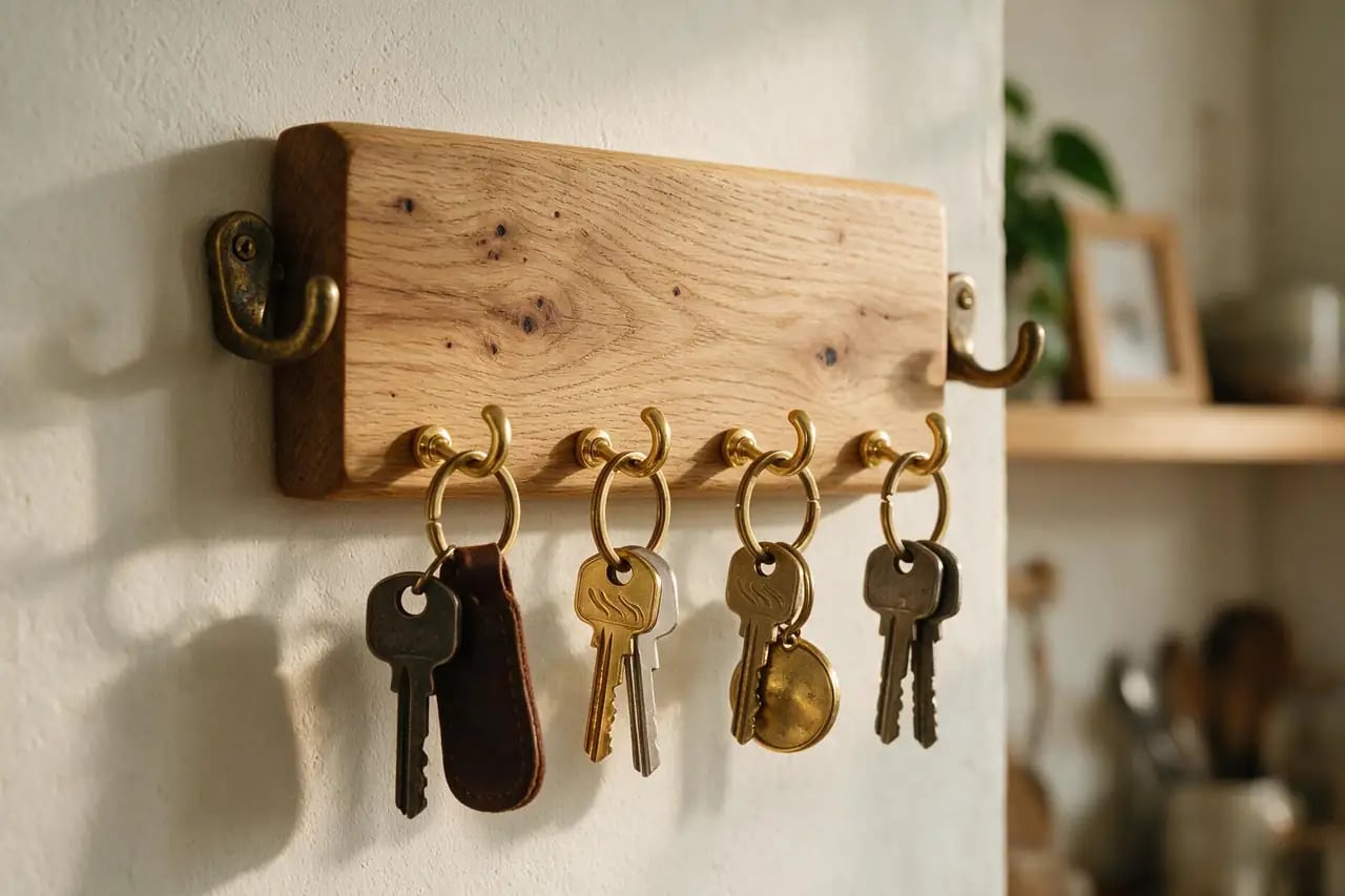 Several key rings with a leather fob hanging from brass hooks on a wooden hook board.