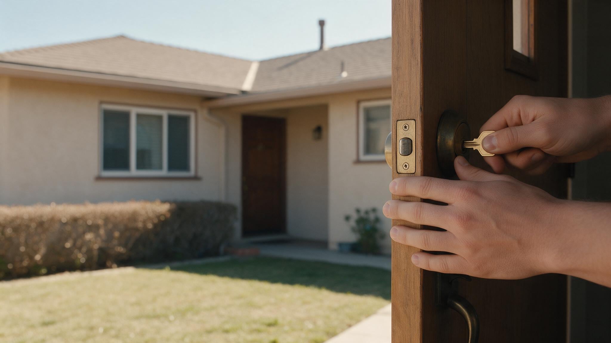 A hand unlocks a wooden door with a brass knob at the entrance of a single-story house on a sunny day.