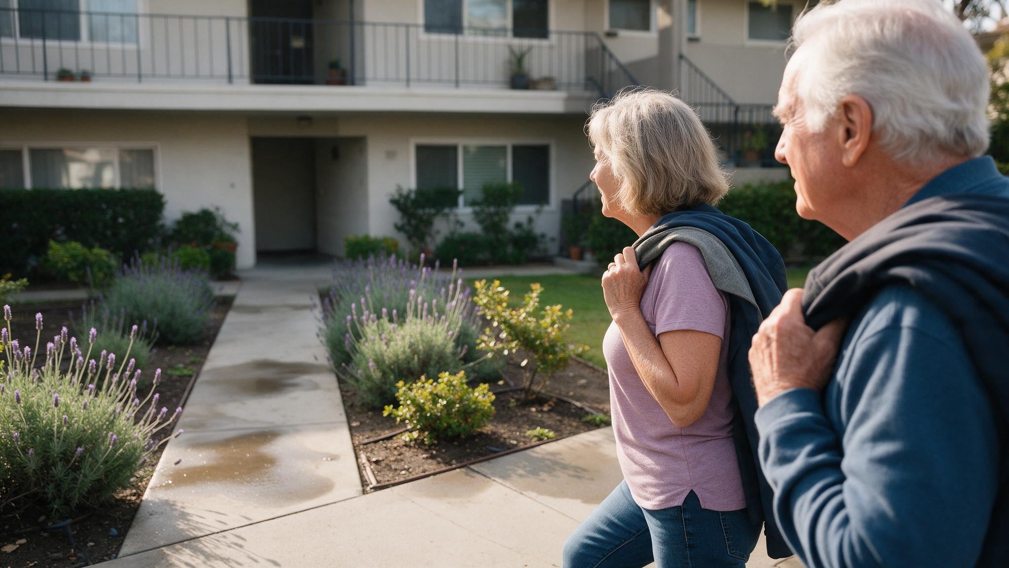 Two people view a multi-story condo building with landscaped grounds in bright daylight.