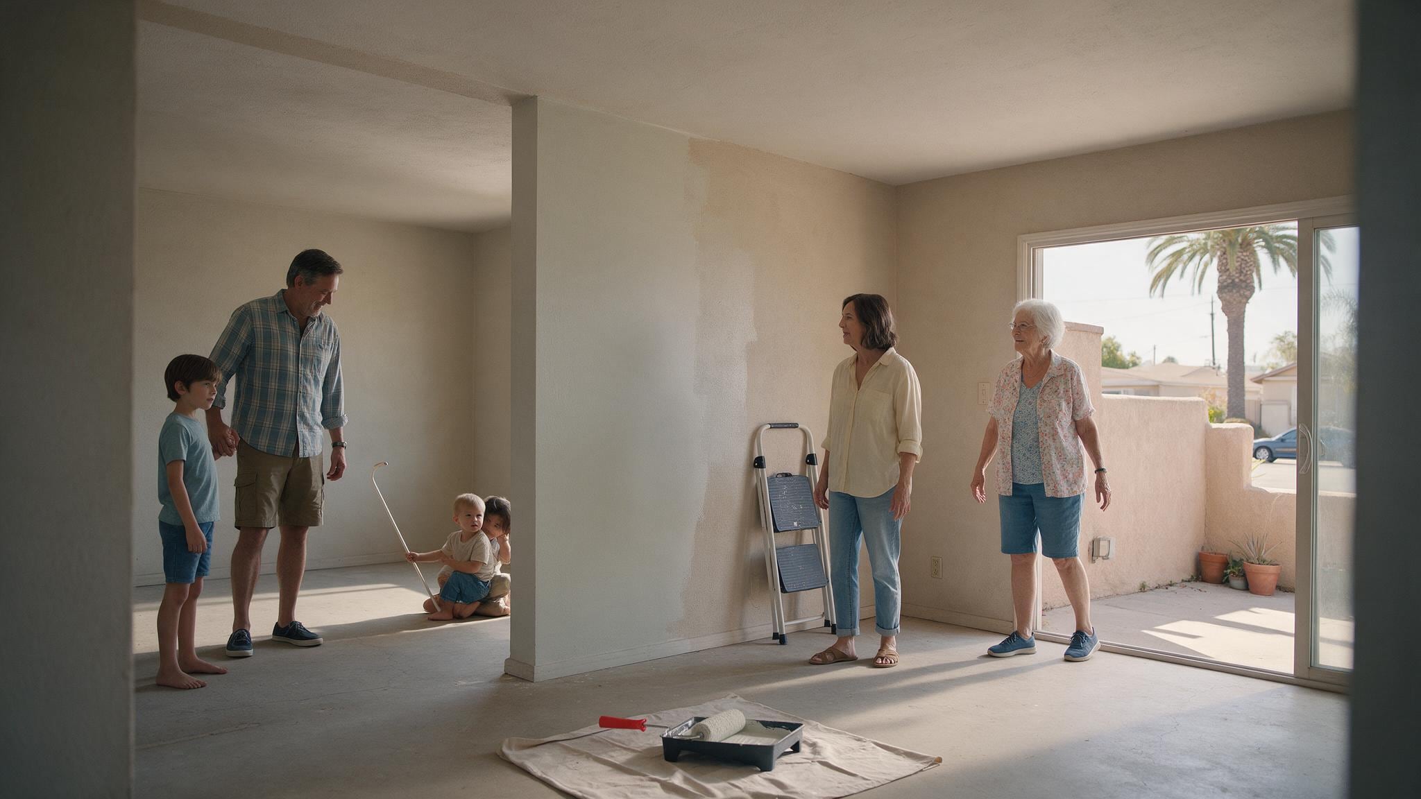 Multiple people tour an empty home interior with bright sunlight from glass doors and windows.