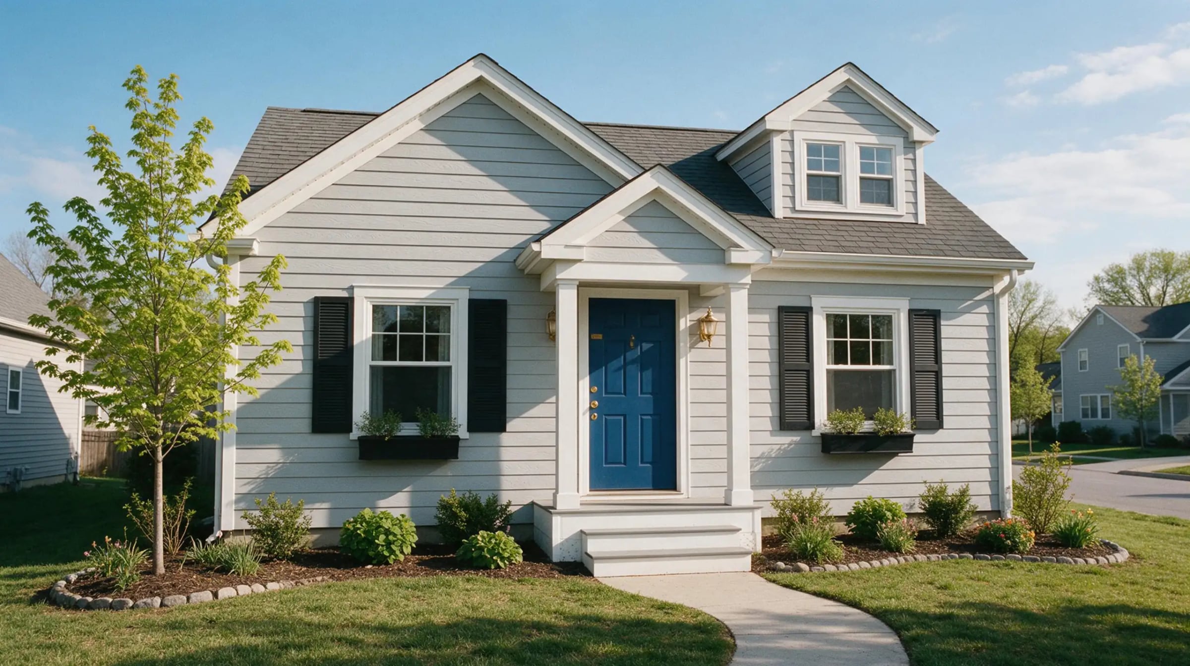 A pale gray Cape Cod-style cottage with a blue front door, black shutters, window boxes and a small gabled porch on a green spring lawn.