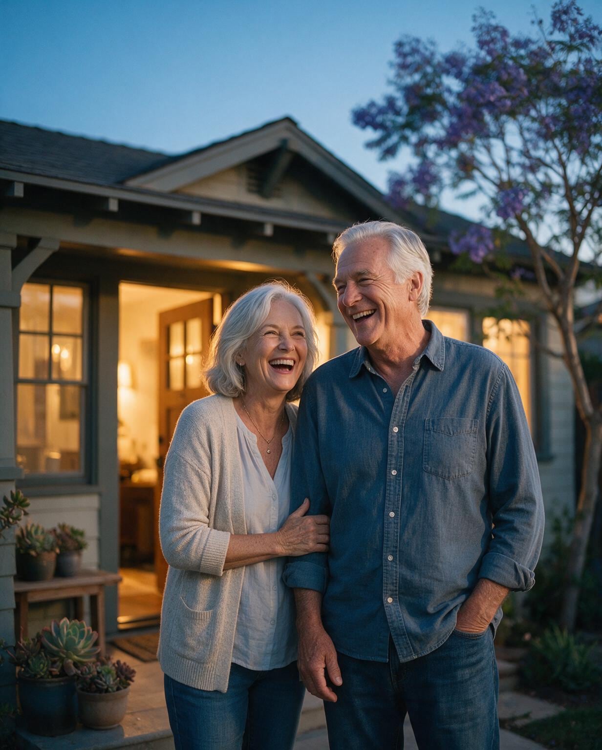 Older couple laughing together on the porch of their smaller San Diego cottage at dusk
