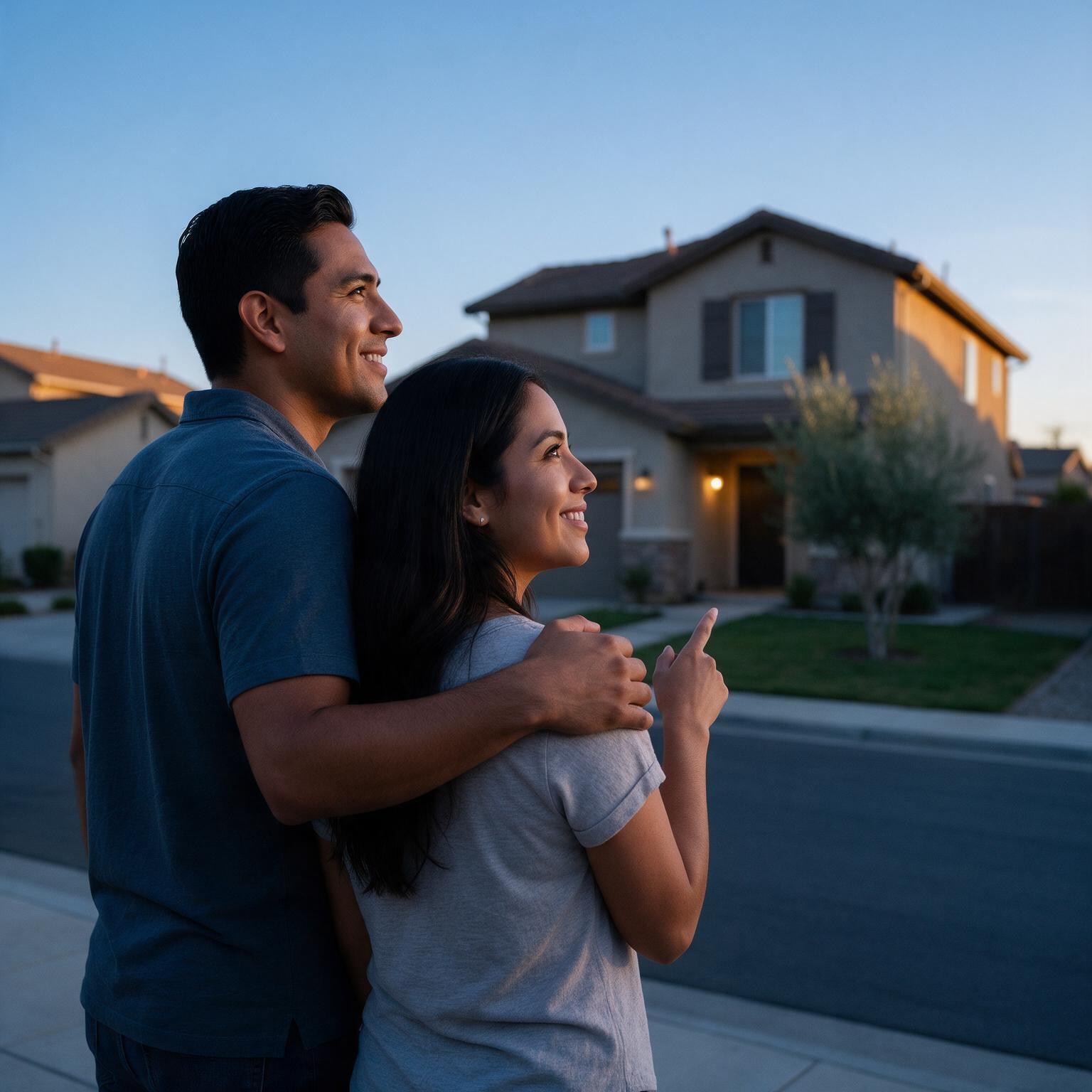 Young couple on a Chula Vista sidewalk smiling at a house they would like to buy