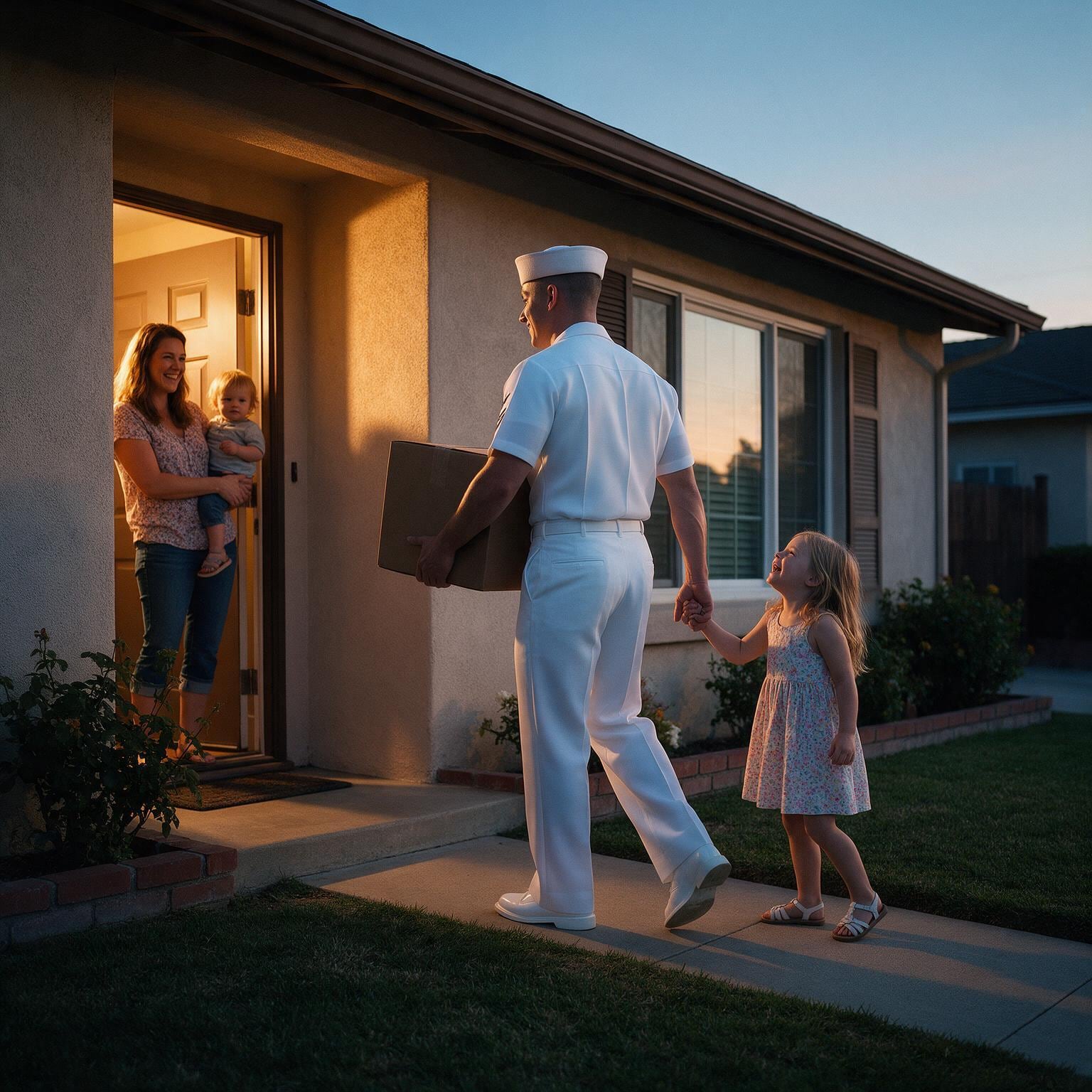 Navy sailor carrying a moving box into the family’s new San Diego home, holding his daughter’s hand